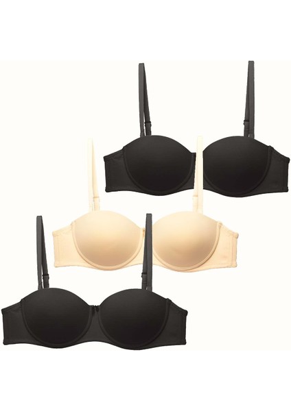 3'lü Paket Push Up Straplez Yumuşak Kaplı Örme Sütyen C37055 Siyah/ten