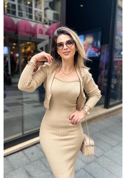 Triko Hırka & Elbise Takım Camel