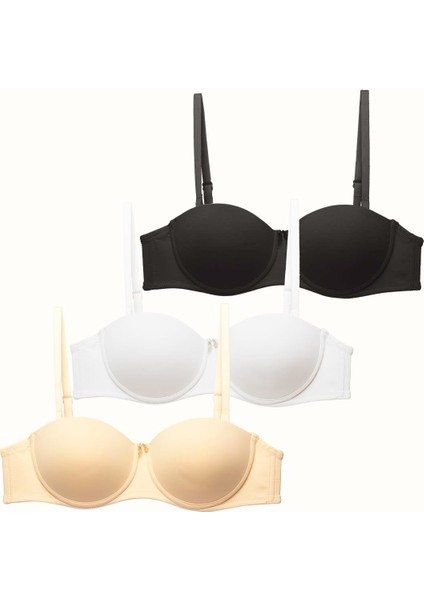 3'lü Paket Push Up Straplez Yumuşak Kaplı Örme Sütyen C37055 Siyah/beyaz/ten