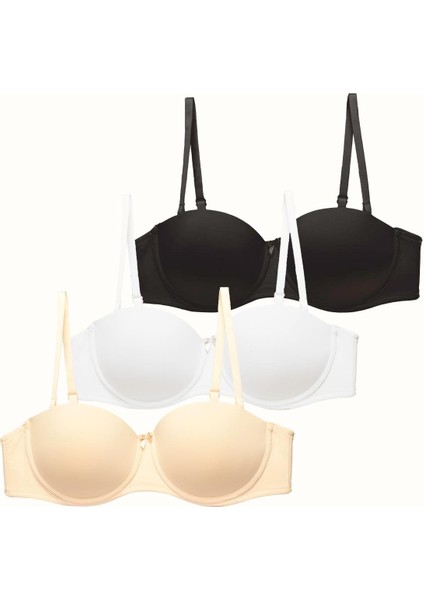 3'lü Paket Dolgusuz Straplez Yumuşak Kaplı Örme Sütyen C37050 Siyah/beyaz/ten