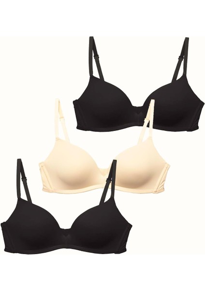 3'lü Paket Dolgusuz Yumuşak Kaplı Örme Sütyen C31791 Siyah/ten