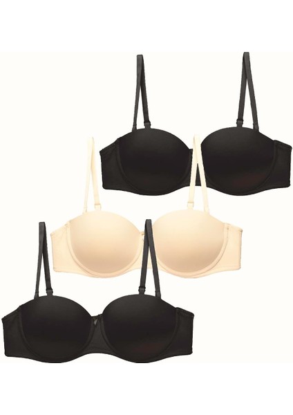 3'lü Paket Dolgusuz Straplez Yumuşak Kaplı Örme Sütyen C37050 Siyah/ten