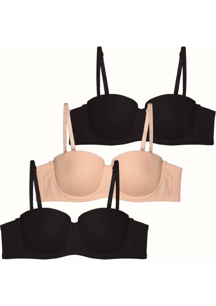 3'lü Paket Dolgusuz Straplez Yumuşak Kaplı Örme Sütyen C38020 Siyah/ten