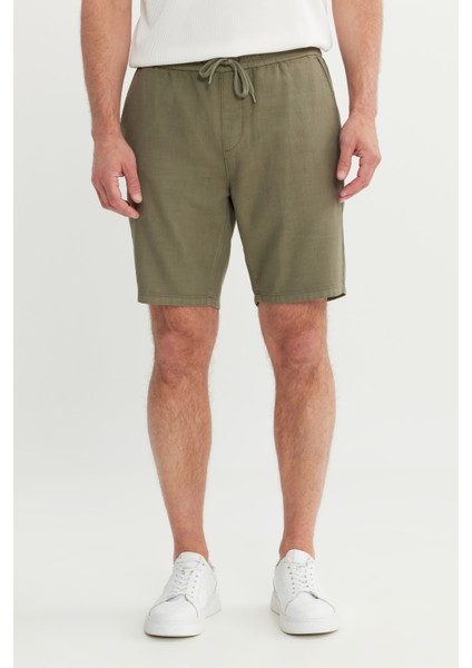 %100 Pamuk Comfort Fit Beli Bağlamalı Flamlı Yan Cep Şort