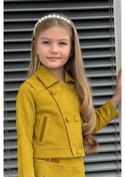 Kız Çocuk Asimetrik Kesim Gömlek Yaka Ceket Eteği Şerit Detaylı Pliseli Süet Hardal Etekli Takım