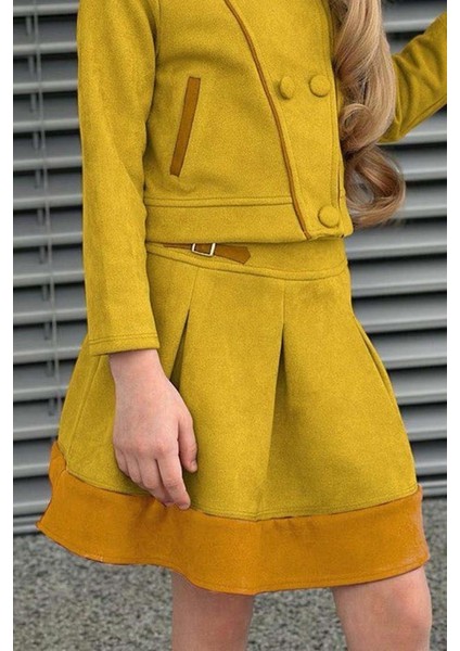 Kız Çocuk Asimetrik Kesim Gömlek Yaka Ceket Eteği Şerit Detaylı Pliseli Süet Hardal Etekli Takım fiyatları