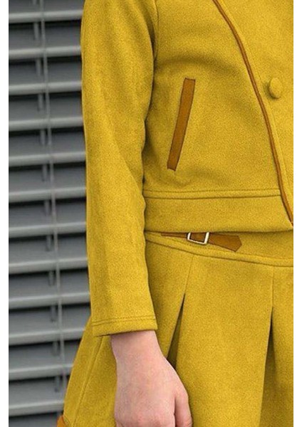 Kız Çocuk Asimetrik Kesim Gömlek Yaka Ceket Eteği Şerit Detaylı Pliseli Süet Hardal Etekli Takım modelleri