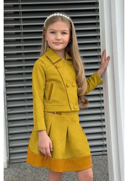 Kız Çocuk Asimetrik Kesim Gömlek Yaka Ceket Eteği Şerit Detaylı Pliseli Süet Hardal Etekli Takım fırsatları
