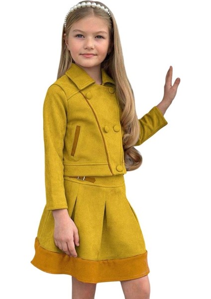 Kız Çocuk Asimetrik Kesim Gömlek Yaka Ceket Eteği Şerit Detaylı Pliseli Süet Hardal Etekli Takım indirimleri