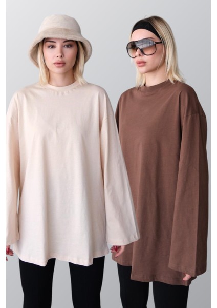 Geniş Kol Oversize 2'li Paket T-Shirt 964 Bej/kahverengi