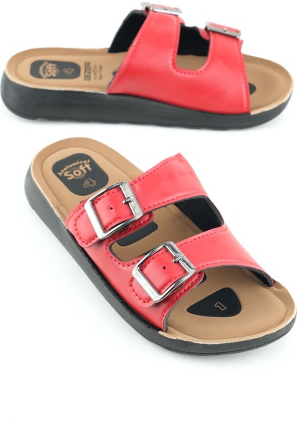 Kadın Yazlık Pu Alt Taban Deri Iki Toka Ayarlanabilir Iç Taban Anatomical Dört Nokta Yastıklı Rahat Günlük Terlik