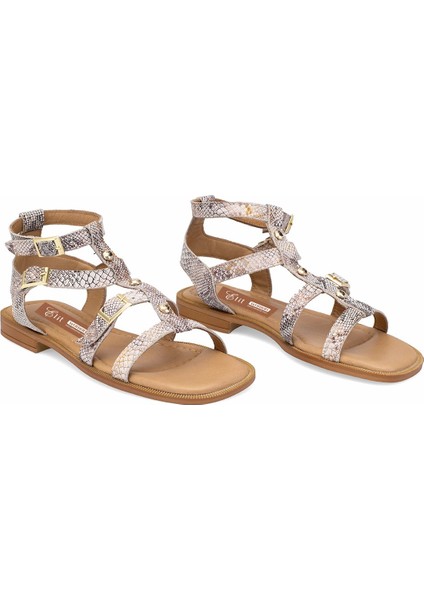 Elit Talia Kadın Deri Düz Sandalet Bej
