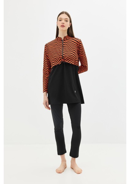 Desenli Belden Büzgülü 4'lü Tesettür Mayo 6220 Kiremit/siyah modelleri