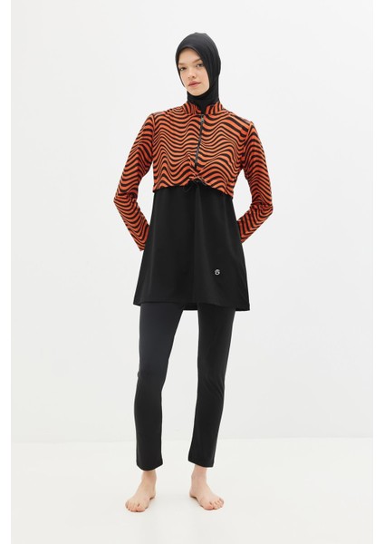 Desenli Belden Büzgülü 4'lü Tesettür Mayo 6220 Kiremit/siyah fırsatları