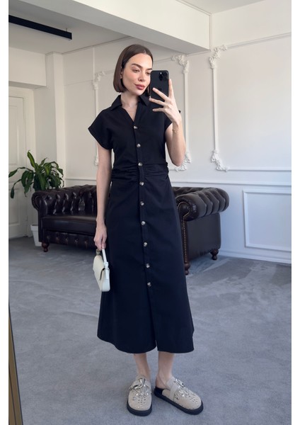 Belden Pileli V Yaka Elbise- Siyah