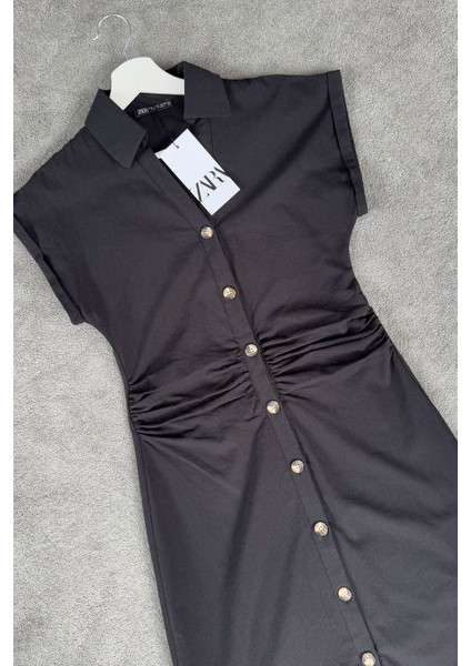 Belden Pileli V Yaka Elbise- Siyah fiyatları