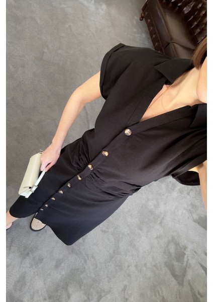 Belden Pileli V Yaka Elbise- Siyah modelleri