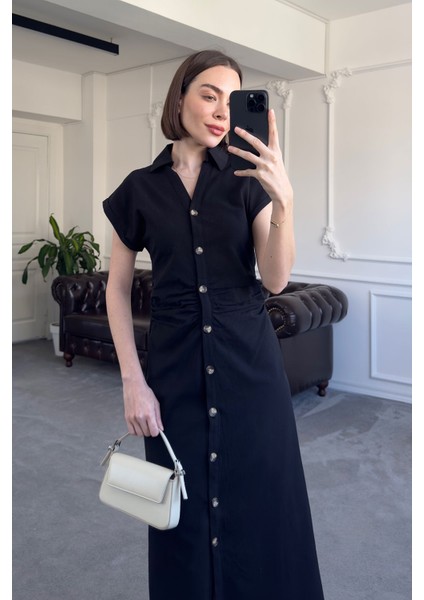 Belden Pileli V Yaka Elbise- Siyah fırsatları