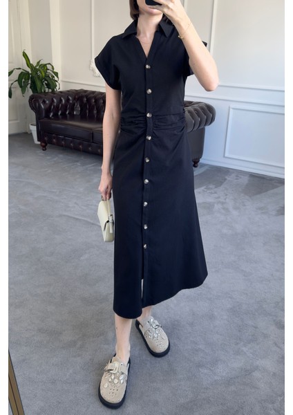 Belden Pileli V Yaka Elbise- Siyah indirimleri