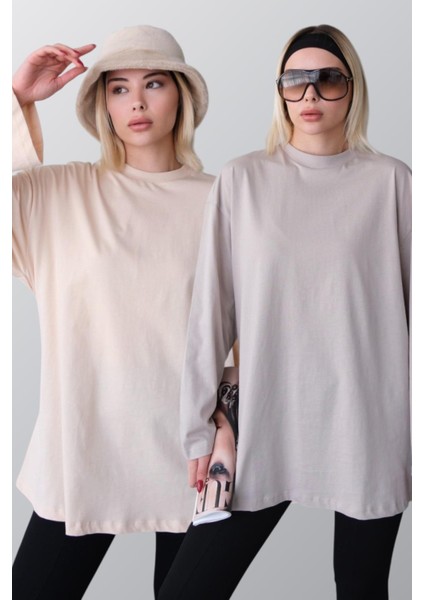 Geniş Kol Oversize 2'li Paket T-Shirt 964 Gri/bej