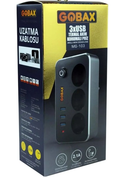 Gobax MG-103 3xusb 2.1A 3x Priz Anahtarli Termal Akim Korumali Priz 2m Kablo