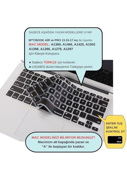 Macbook Klavye Air Pro Koruyucu (Us To Tr) (Eski Usb'li Model 2008-2017) ile Uyumlu Siyah
