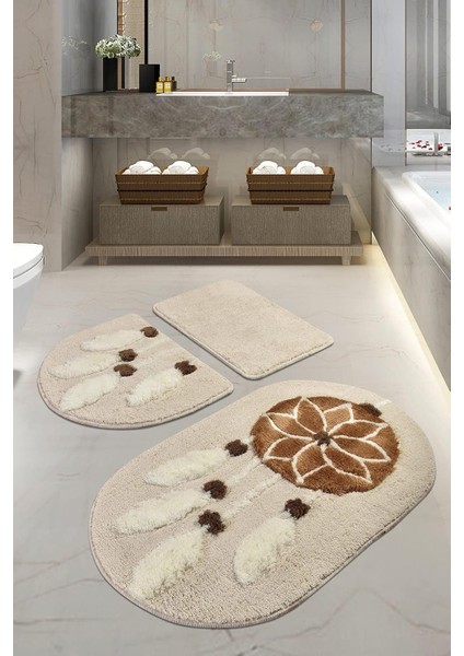 Home Rüya Kahve 3lü Set Banyo Halısı Yıkanabilir Kaymaz Taban
