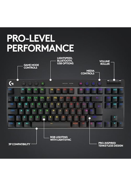 G Pro x Tkl Lıghtspeed Kablosuz Oyun Klavyesi, Ultra Portatif Sayısal Tuş Takımsız Tasarım, Lıghtsync Rgb, Pbt Tuş Başlıkları, Tıklamalı Anahtarlar (Gx Brown), Ingilizce Q Klavye, Siyah