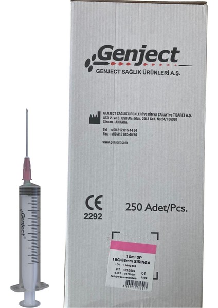 - 10ML 3parça Pembe Iğneli Enjektör - 250 Adet