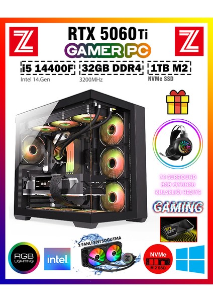 Edus X07 Intel Core I5-14400F 32GB Ram 1tb M.2 Nvme SSD 8gb Gddr7 RTX5060TI Sıvı Soğutmalı Oyuncu Bilgisayarı