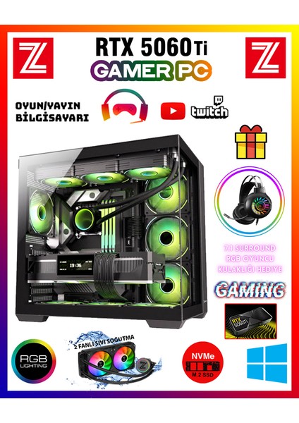 Edus X07 Intel Core I5-14400F 32GB Ram 1tb M.2 Nvme SSD 8gb Gddr7 RTX5060TI Sıvı Soğutmalı Oyuncu Bilgisayarı