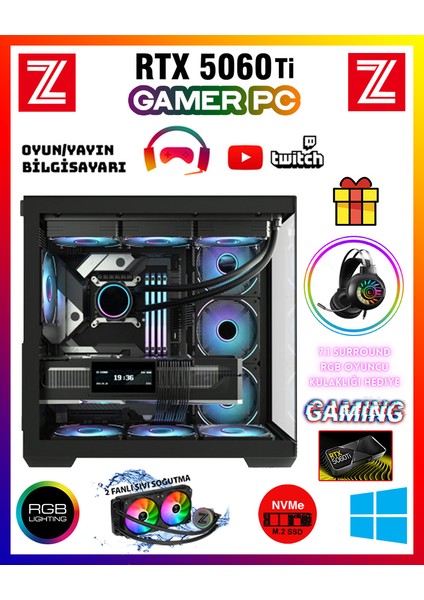 Edus X07 Intel Core I5-14400F 32GB Ram 1tb M.2 Nvme SSD 8gb Gddr7 RTX5060TI Sıvı Soğutmalı Oyuncu Bilgisayarı