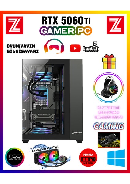 Edus X07 Intel Core I5-14400F 32GB Ram 1tb M.2 Nvme SSD 8gb Gddr7 RTX5060TI Sıvı Soğutmalı Oyuncu Bilgisayarı