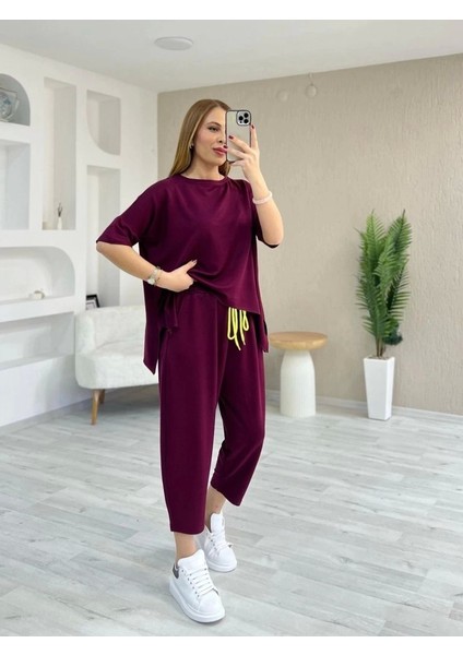 Kadın Kısa Kollu Bisiklet Yaka Viskon Iki Iplik Bluz ve Pantolon Ikili Takım