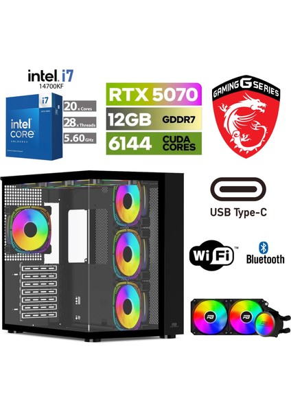 Gaming Pc Ddr5 – Rtx 5070 12 GB – Intel I7 14700KF – 32GB – 64GB Ddr5 Ram – 1 Tb M.2 SSD – Windows 11 Pro – Sıvı Sogutmalı