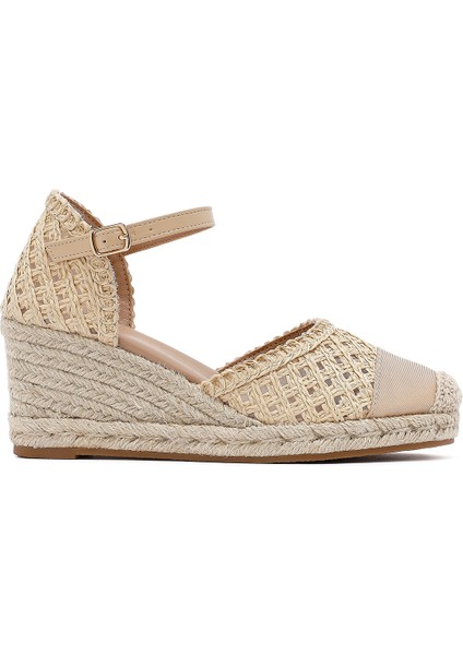 Kadın Krem Bilekten Tokalı Örgülü Dolgu Topuklu Espadril Sandalet 25sfe401929