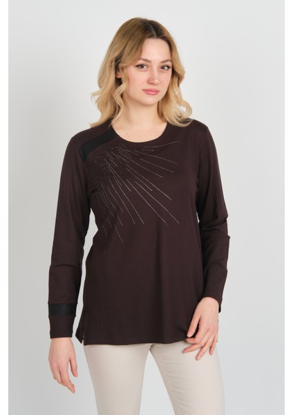 Kadın Taş Işlemeli Bisiklet Yaka Yanları Yırtmaçlı Anne Bluz 5750 Kahverengi