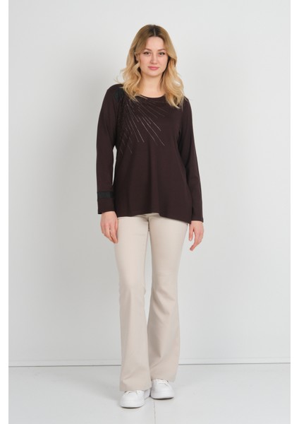 Kadın Taş Işlemeli Bisiklet Yaka Yanları Yırtmaçlı Anne Bluz 5750 Kahverengi fiyatları