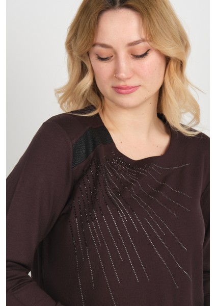 Kadın Taş Işlemeli Bisiklet Yaka Yanları Yırtmaçlı Anne Bluz 5750 Kahverengi modelleri