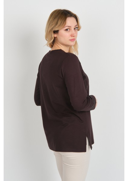 Kadın Taş Işlemeli Bisiklet Yaka Yanları Yırtmaçlı Anne Bluz 5750 Kahverengi fırsatları