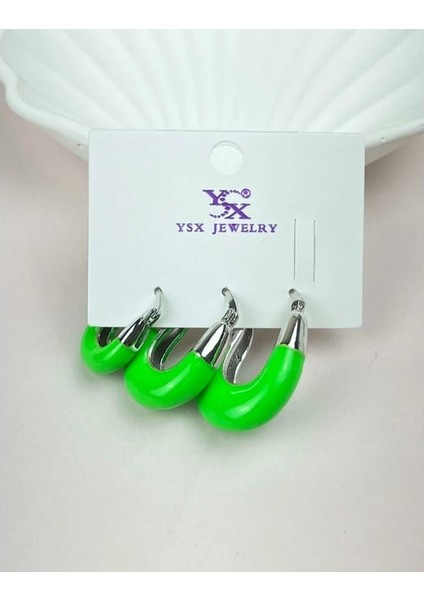 Silver Fosforlu Yeşil 3 Lü Küpe