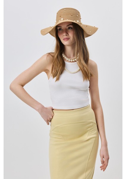 Inci Detaylı Geniş Hasır Şapka Y8214 Bej