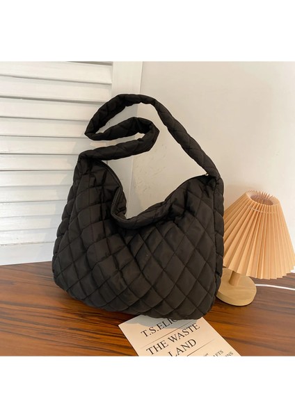Siyah Moda Kapitone Kadın Koltukaltı Omuz Çantası Naylon Hobo Büyük Kapasiteli