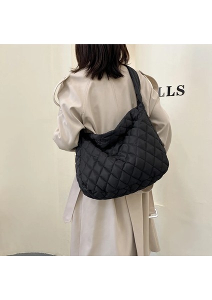 Siyah Moda Kapitone Kadın Koltukaltı Omuz Çantası Naylon Hobo Büyük Kapasiteli fırsatları