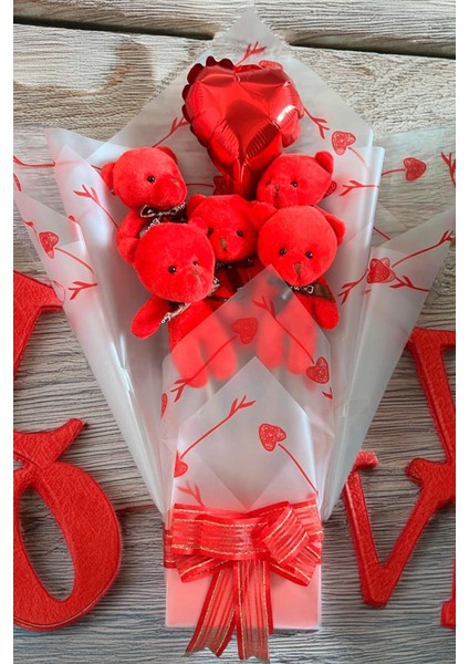 Sevgiliye Özel Kırmızı Konsept Balonlu Romantik Peluş Ayıcık Buketi