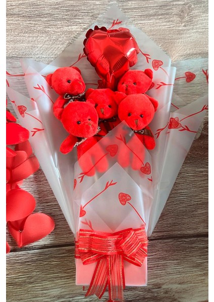 Sevgiliye Özel Kırmızı Konsept Balonlu Romantik Peluş Ayıcık Buketi fiyatları