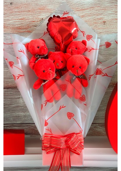 Sevgiliye Özel Kırmızı Konsept Balonlu Romantik Peluş Ayıcık Buketi fırsatları