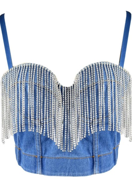 Kot Büstiyer, Taşlı Büstiyer, Taşlı Askılı Crop Bluz, Kot Taş Detaylı Büstiyer, Büstiyer, Bluz, Crop