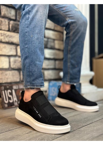 BA0307 Kalın Süet Çift Bant Siyah Beyaz Taban Erkek Ayakkabı