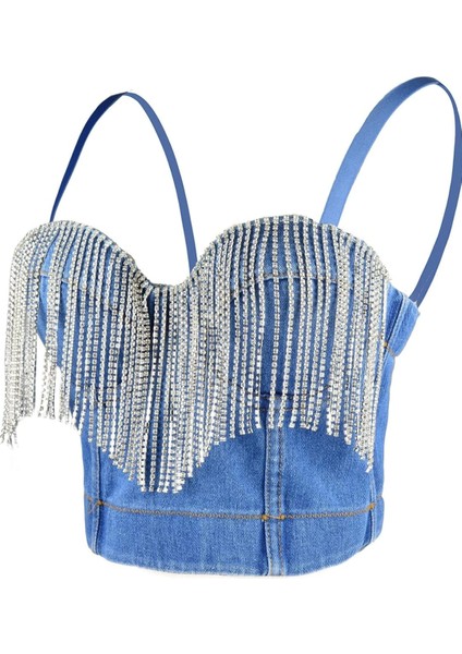 Kot Büstiyer, Taşlı Büstiyer, Taşlı Askılı Crop Bluz, Kot Taş Detaylı Büstiyer, Büstiyer, Bluz, Crop modelleri